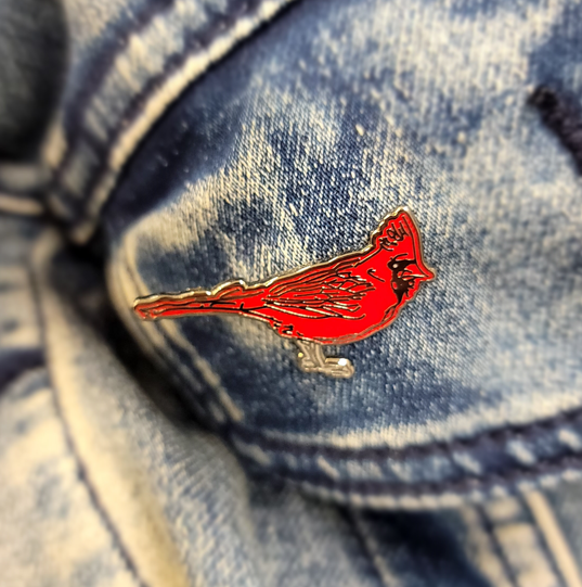 Fundraiser Cardinal Never Give Up Enamel Pin.  Red/black chrome.